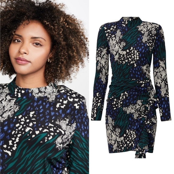 VERONICA BEARD Silk Graphic Print High Neck Long Sleeve Draped Ruffle Dress 2 - Picture 15 of 16